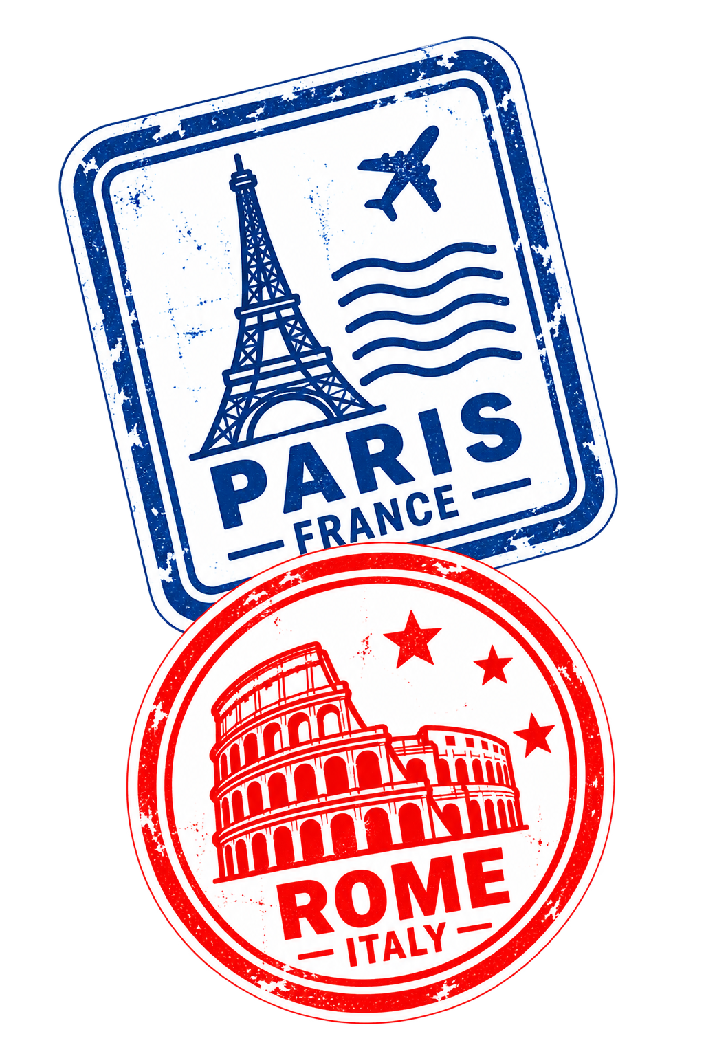 Paris and Rome passport stamps